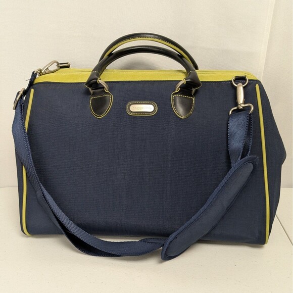 Baggallini Soho-Style Duffel Weekender Tote Bag Navy Blue Green Trim - Picture 1 of 13